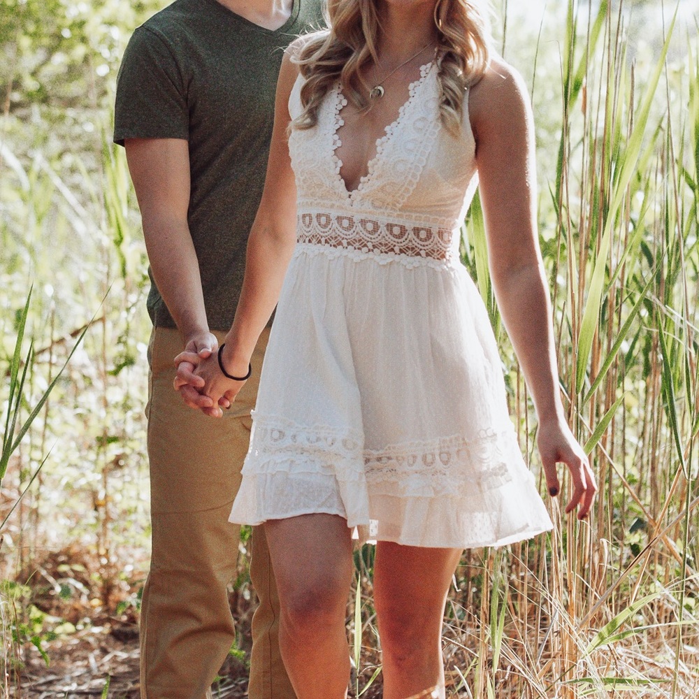 White bridal shower / engagement photo / rehearsal dinner dress